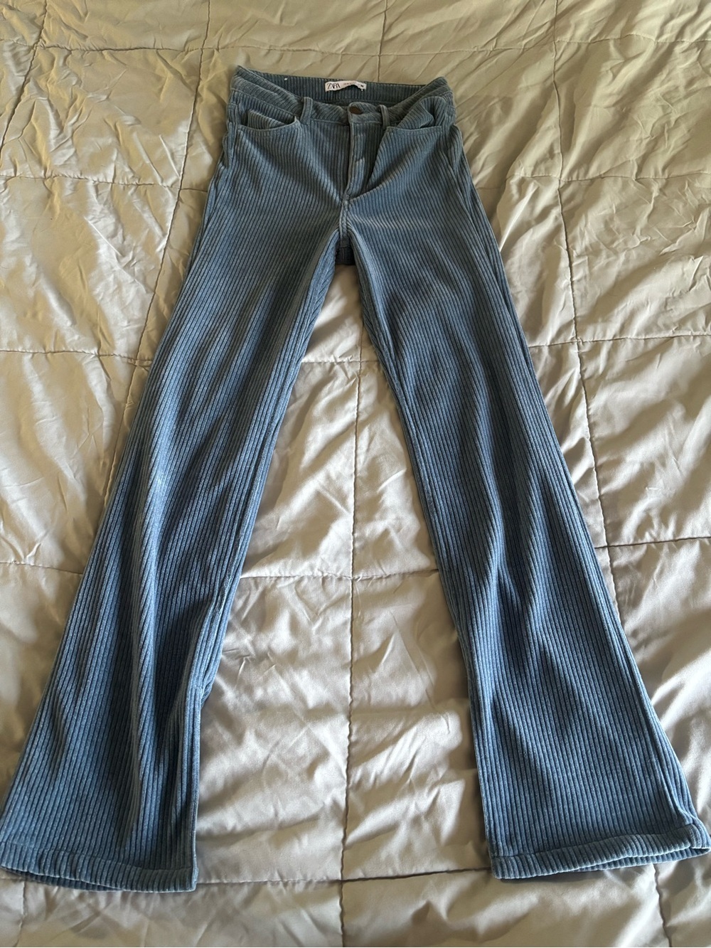 Zara Ribbed Flare Pants in Dusty Blue